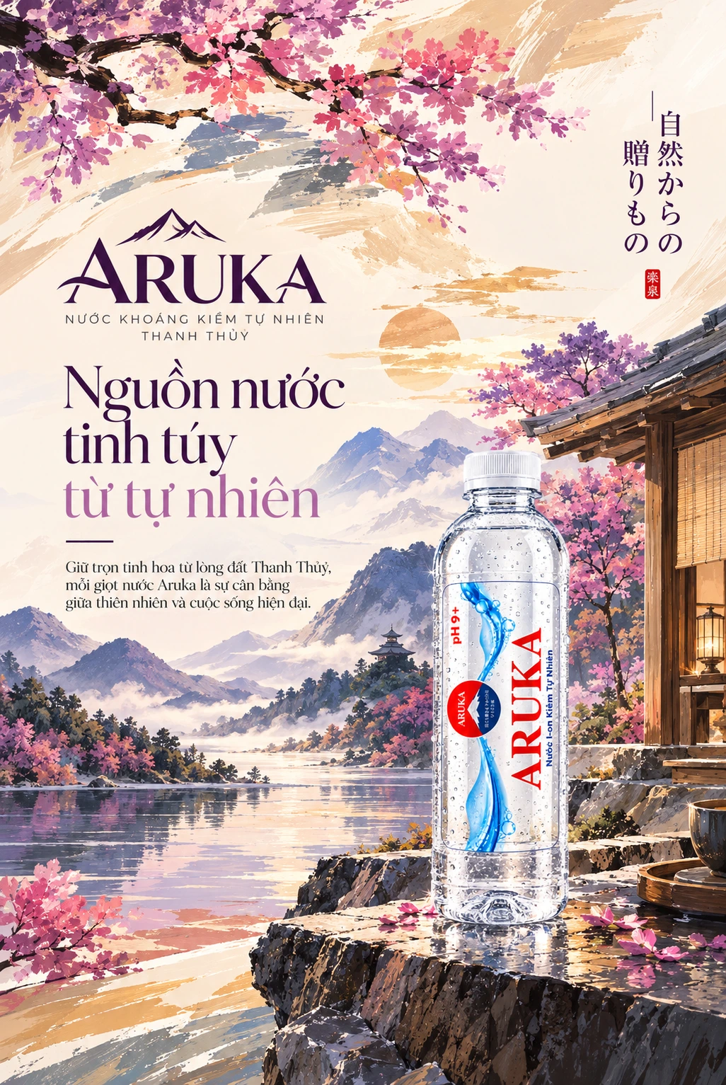 Poster ARUKA với chai nước giữa phong cảnh hoa anh đào