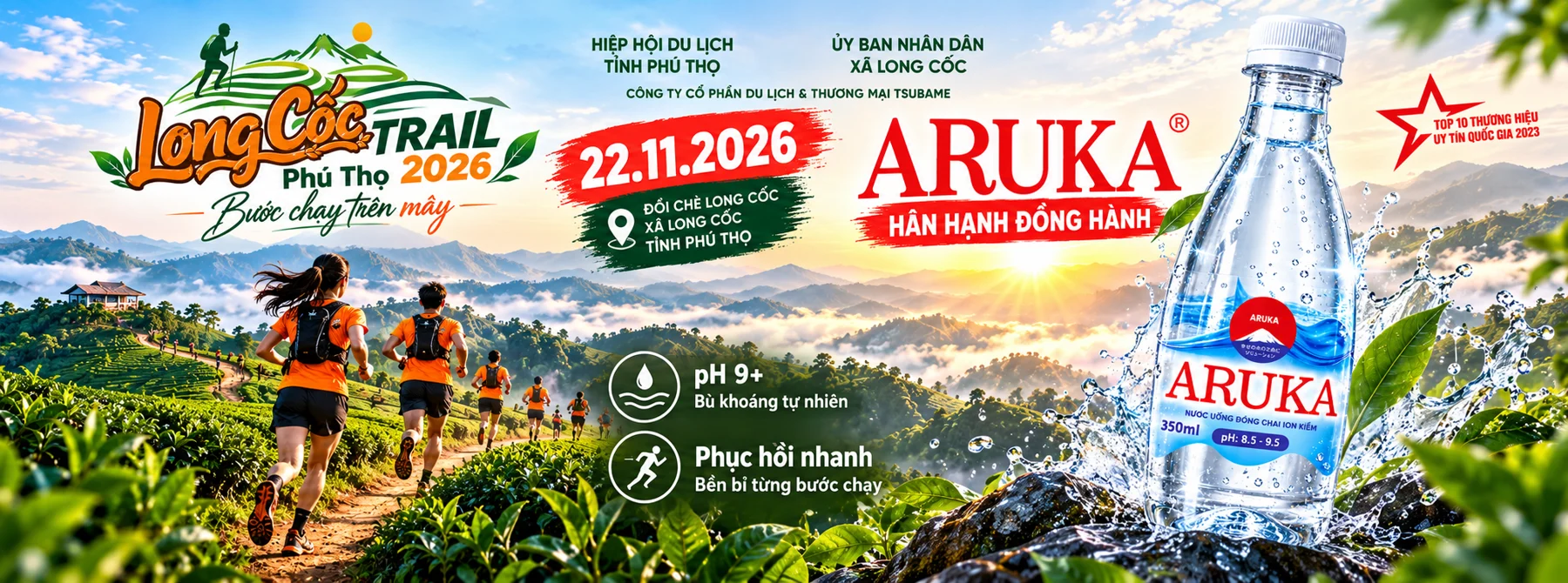 Hình quảng bá Long Cốc Trail 2026 với đồi chè, người chạy và chai nước ARUKA